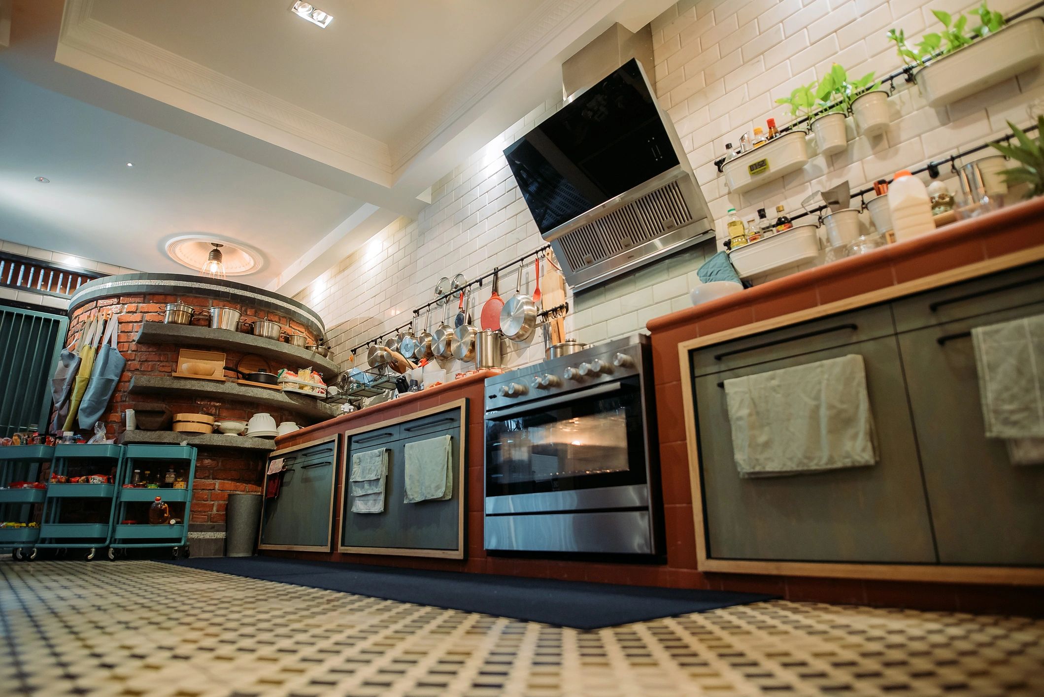 Luxury kitchen interior with seamless microcement-style flooring