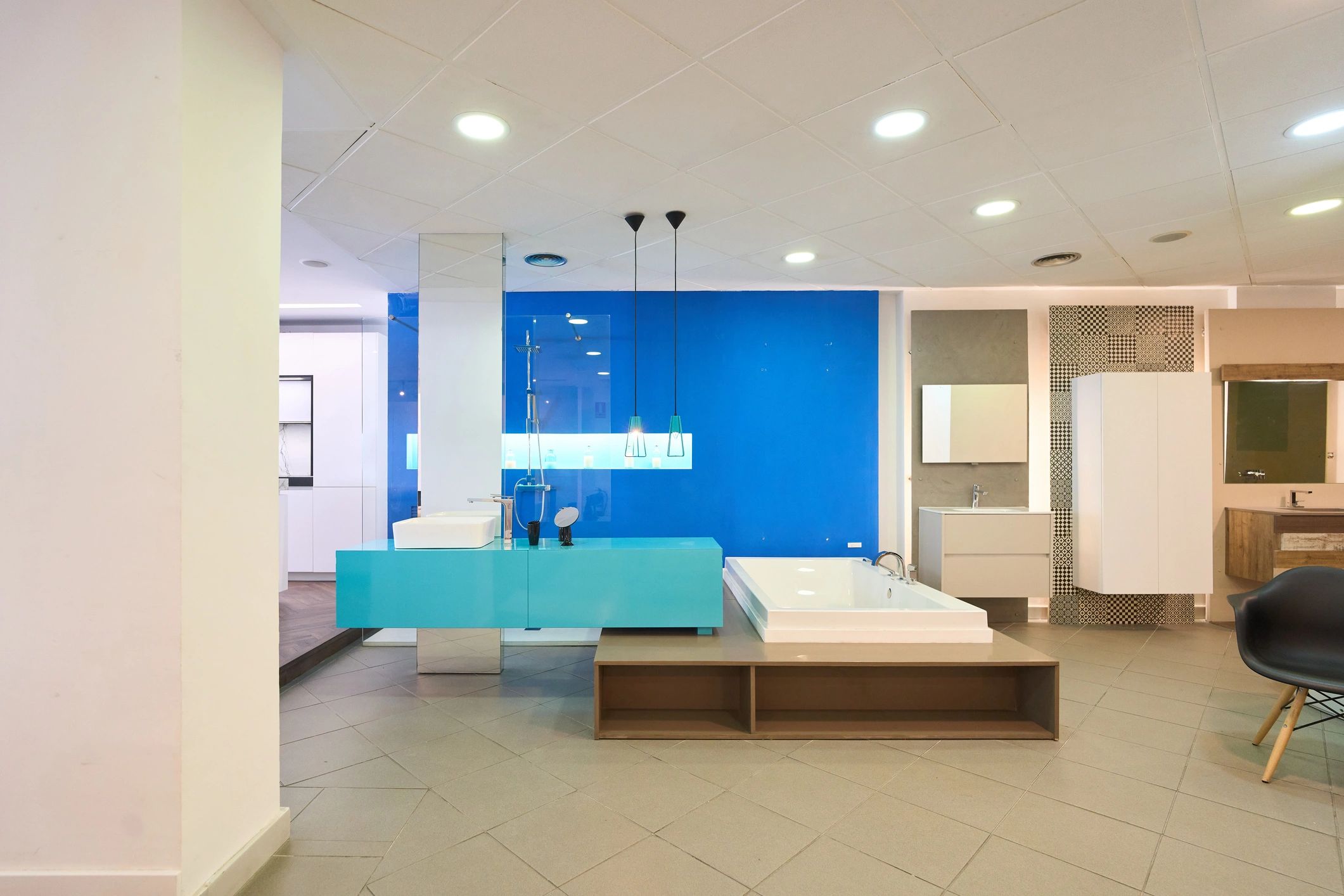 Contemporary showroom interior with smooth seamless surfaces