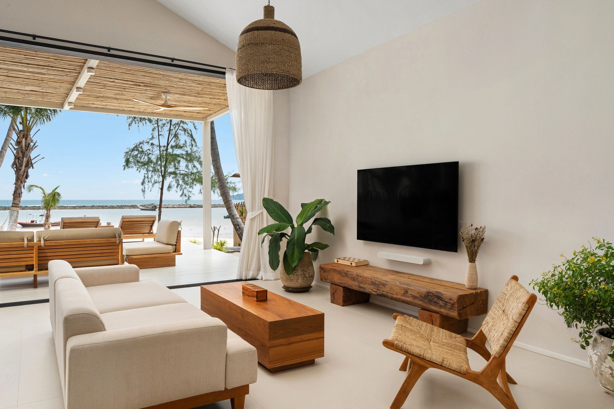 Modern living room with microcement-style feature wall