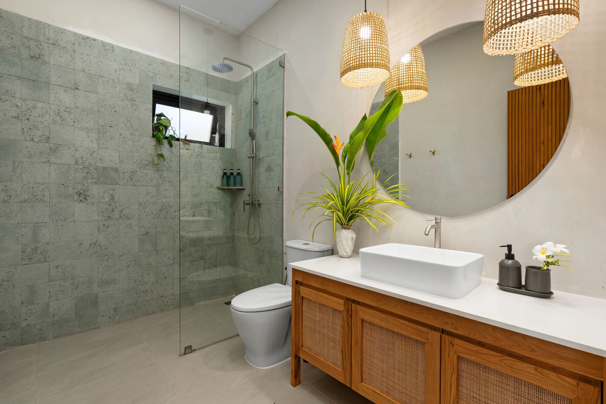 Modern bathroom interior with seamless surfaces and walk-in shower