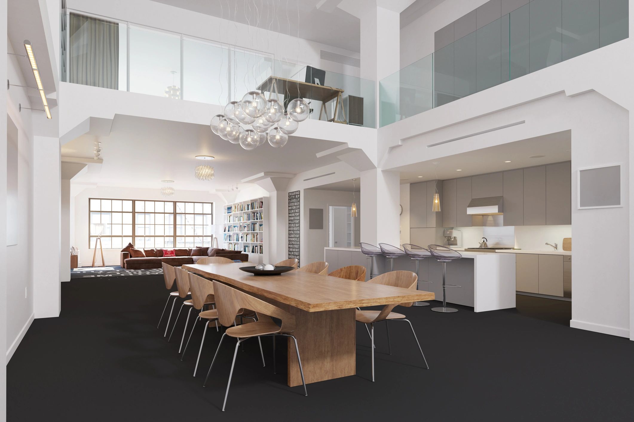 Open-plan commercial style interior with seamless flooring