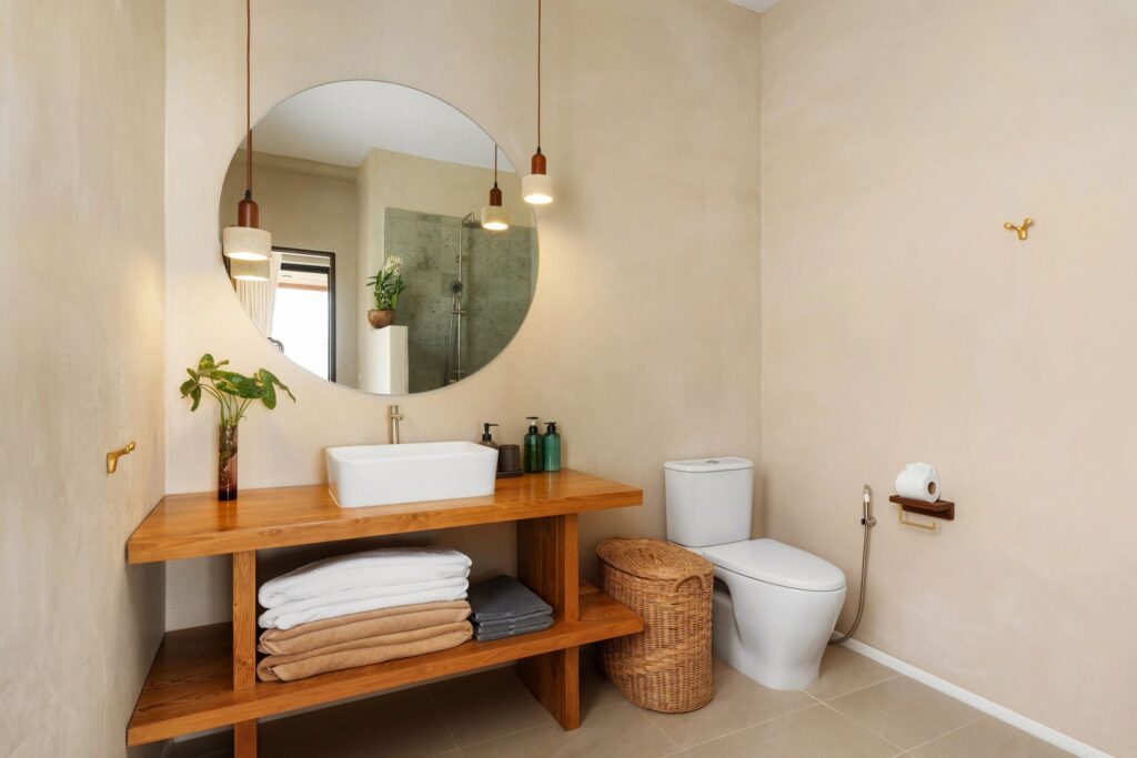 Minimalist bathroom design with a wooden vanity