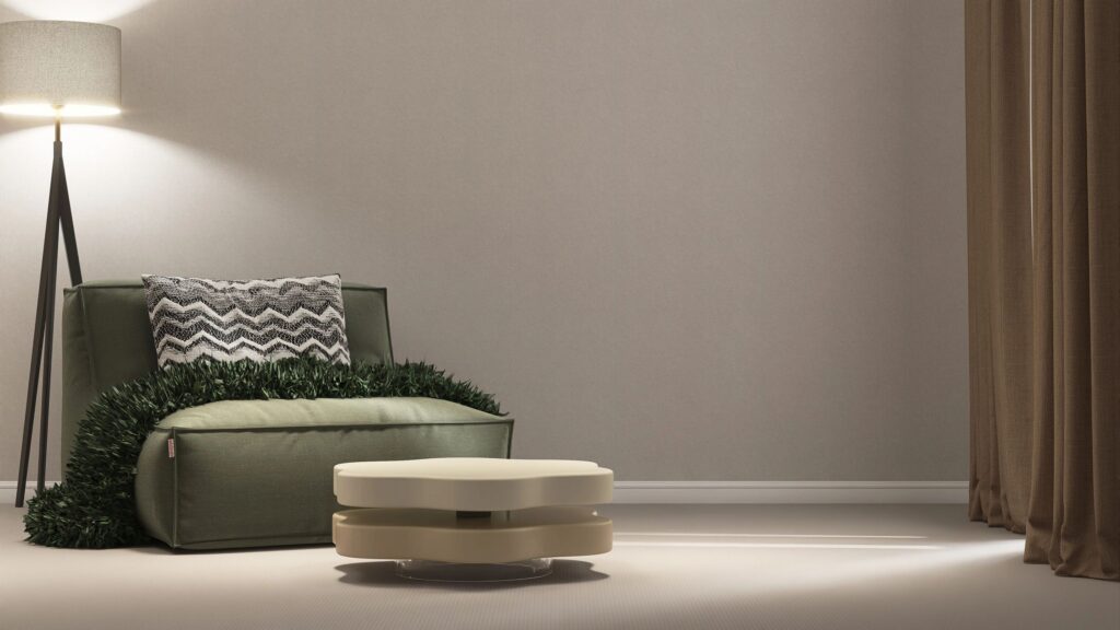 Modern, cozy green lounge chair, coffee table, floor lamp in cream living room in sunlight from brown curtain window on carpet floor